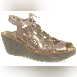 FLY London Womens metallic camel Wedge Sandals size 38
